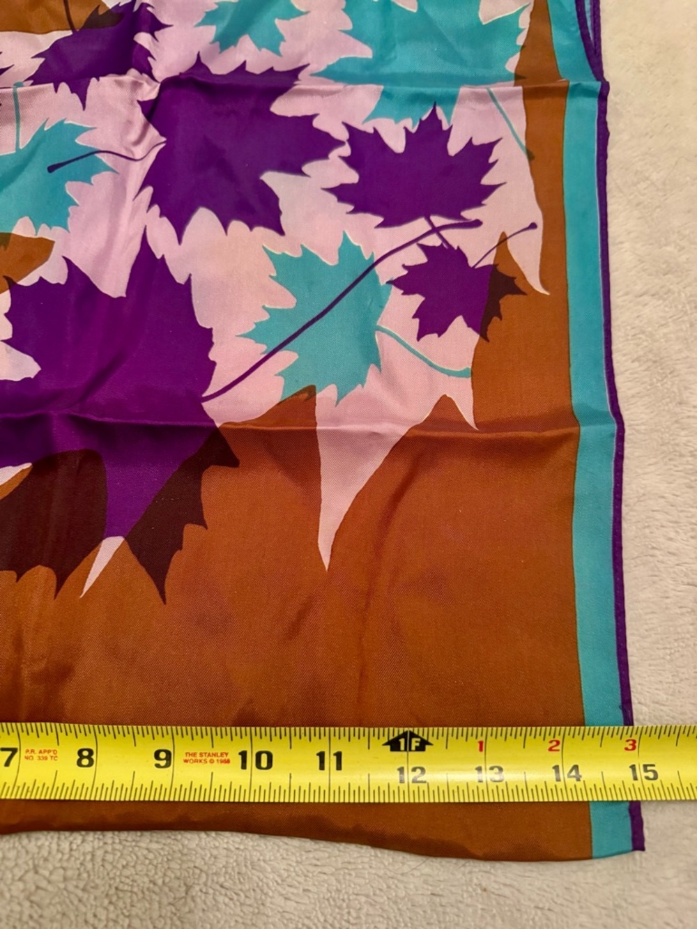 Vera Neumann Oblong Scarf 44x15 Brown Teal Purple Leaves Japan Vintage - Picture 9 of 9